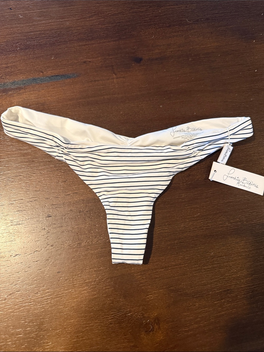 Frankie’s Bikinis Striped White & Navy Thong Bikini Bottom
